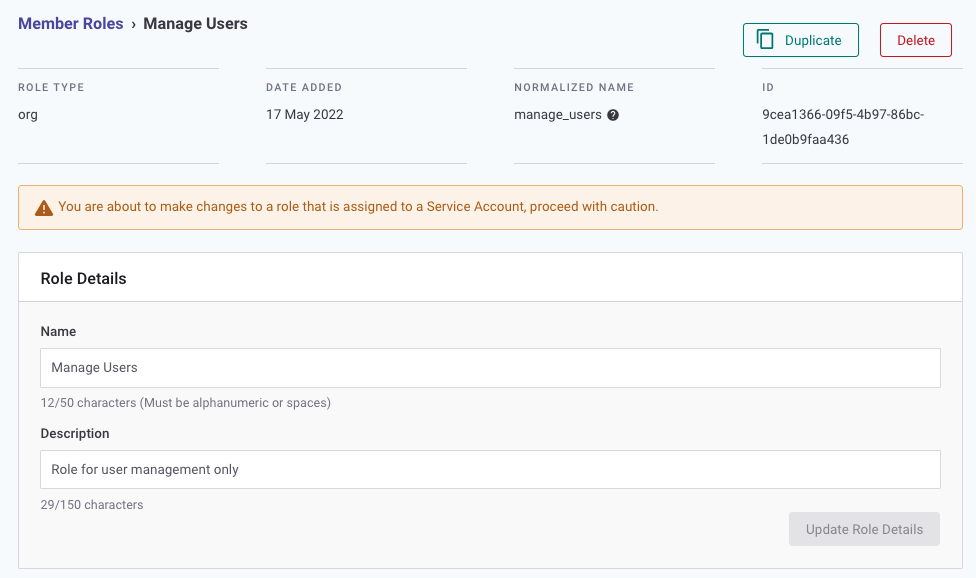 Warning that you are about to change a role assigned to a service account