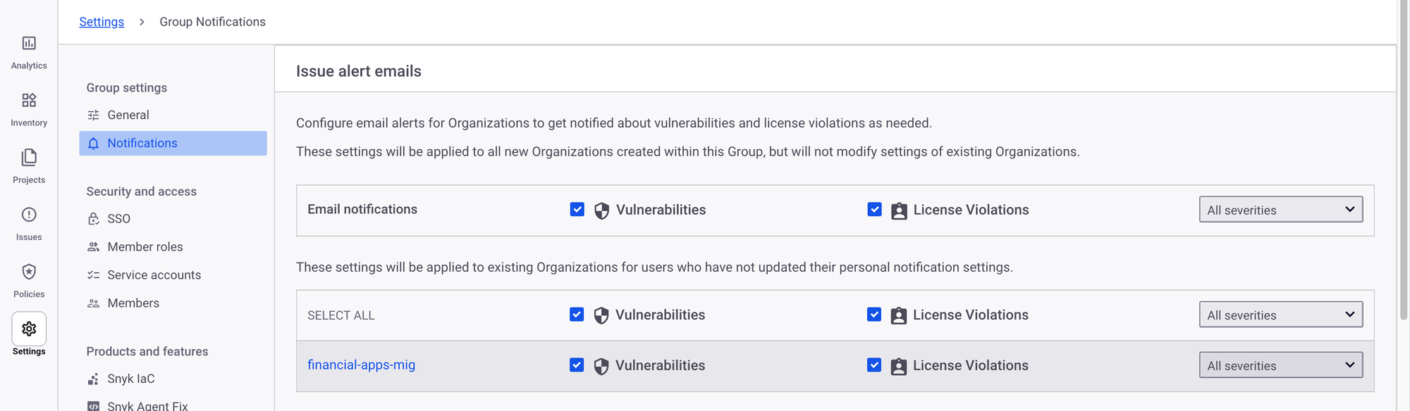 Notification settings at the Group level