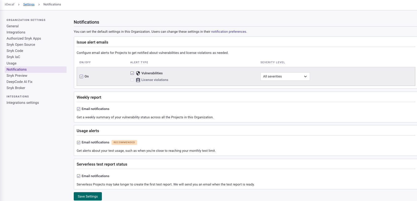 Notification settings at the Organization level