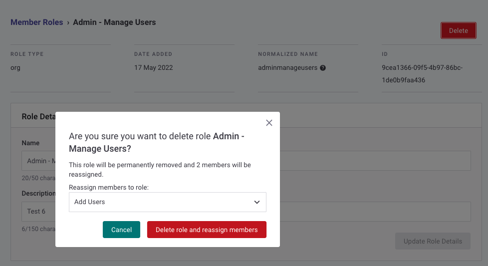 Prompt to delete a role and reassign members