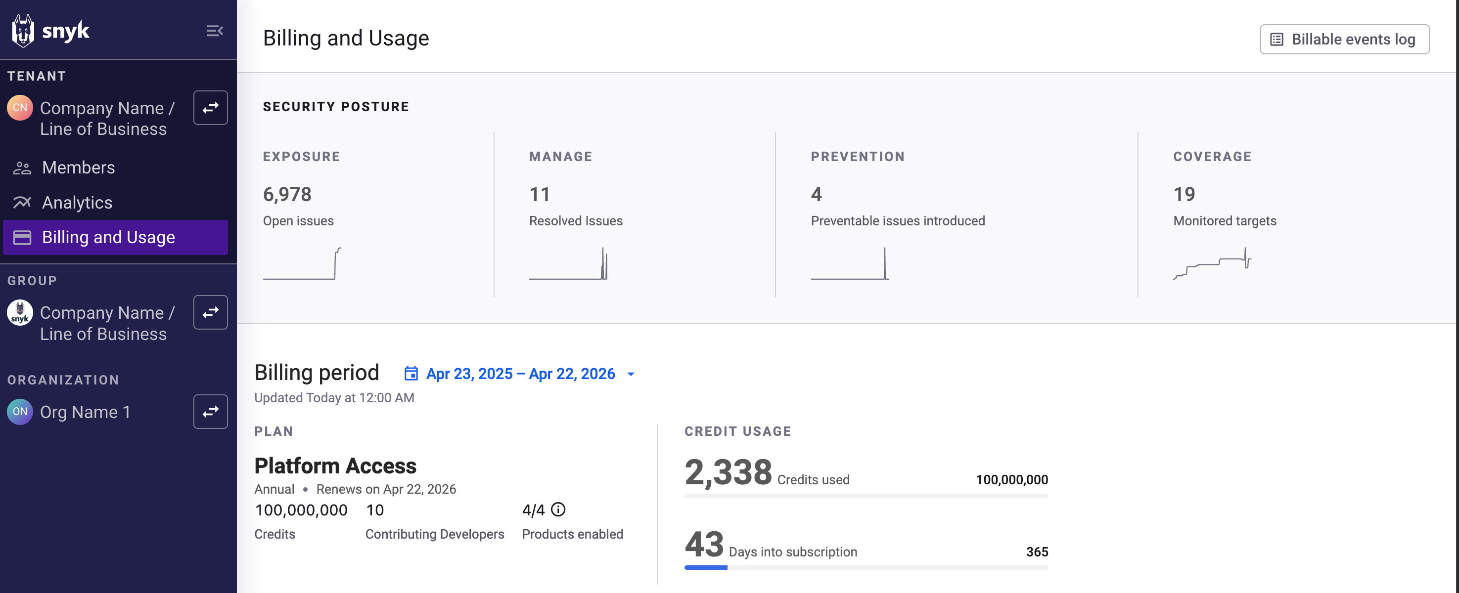 Billing and Usage dashboard