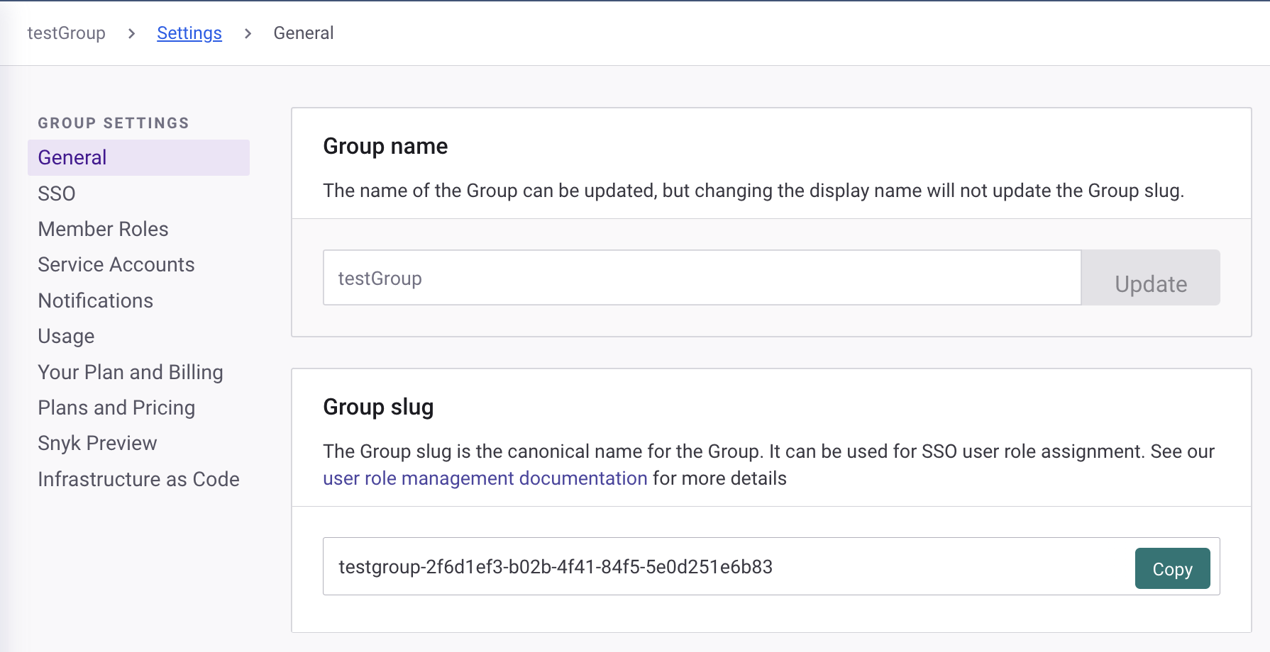 Group general settings page, showing the Group slug