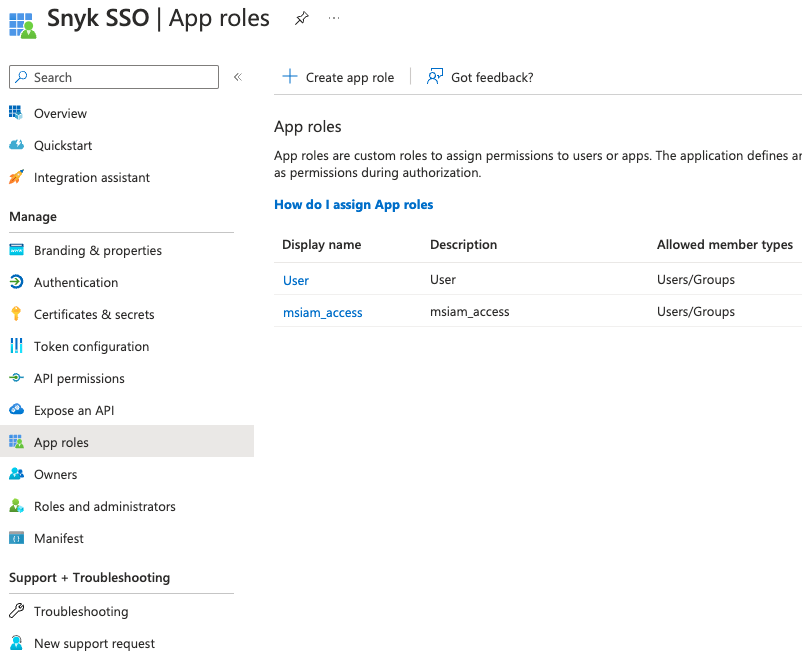 Select App roles, Create app role