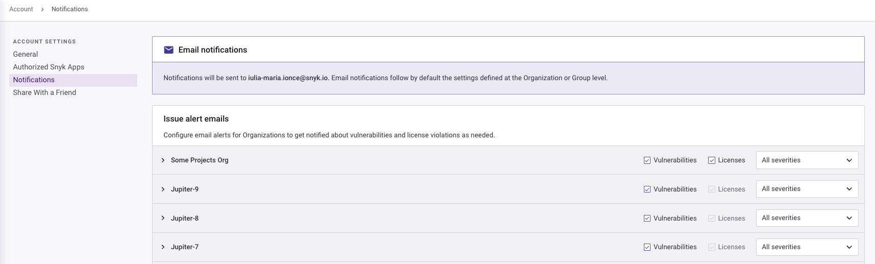 Notification settings at the Account level