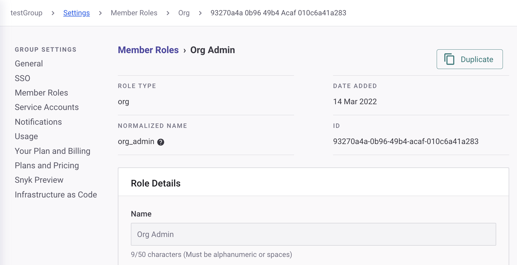 Role details page for Organization Admin role