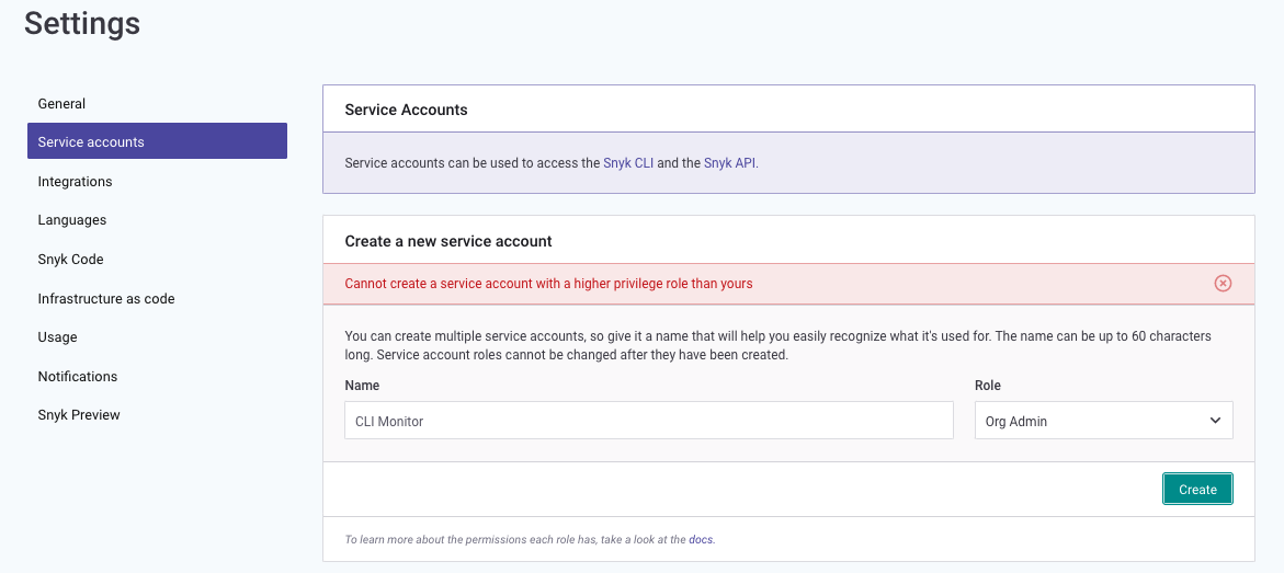 User cannot assign a more privileged role to a service account