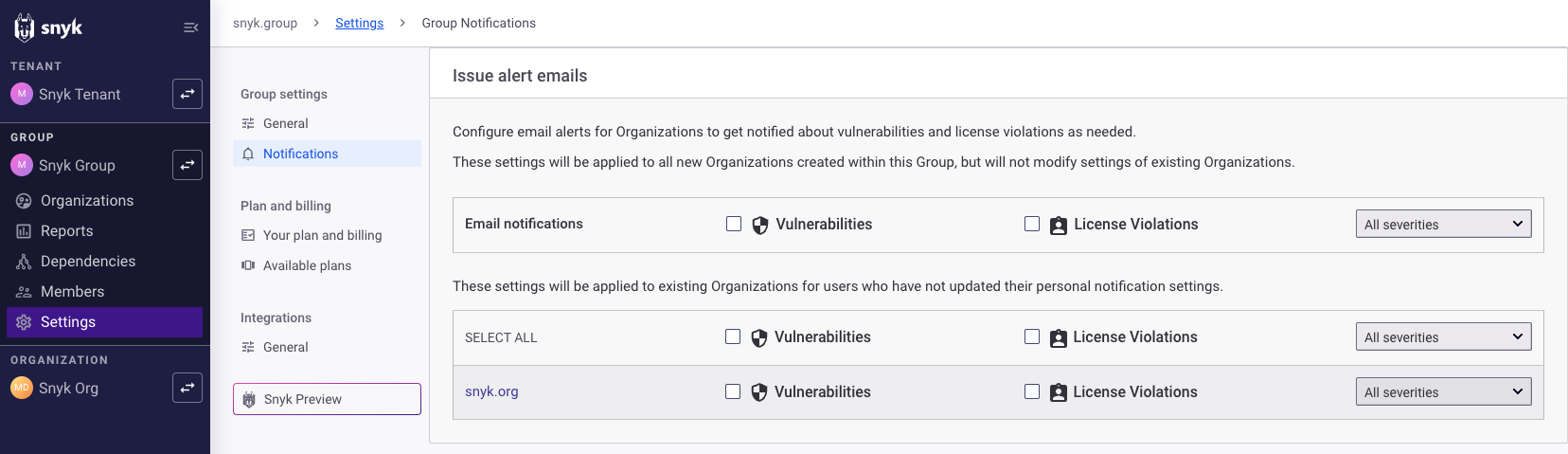 Notification settings at the Group level